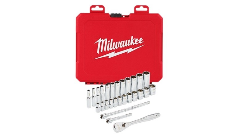 Milwaukee mechanic tool set on white background