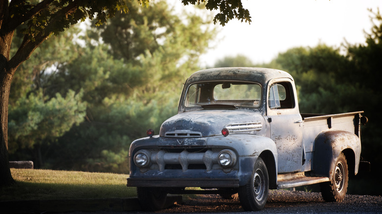 Blue pickup under tree