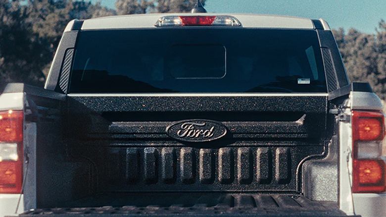 Picture showing a Ford login in the bed of a pickup truck