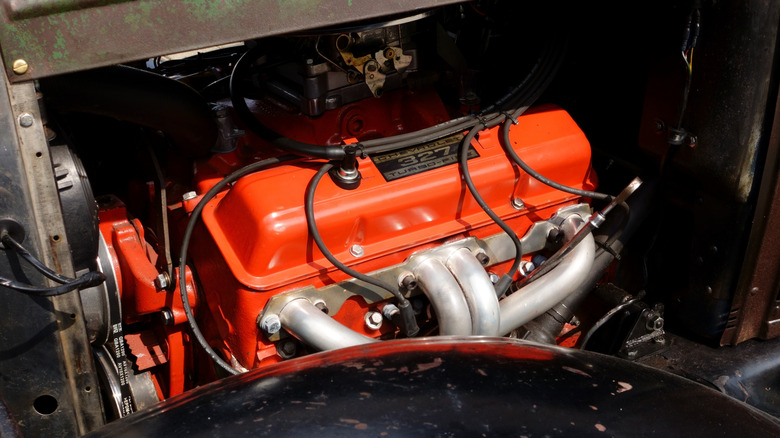 Chevrolet 327 engine in an engine bay