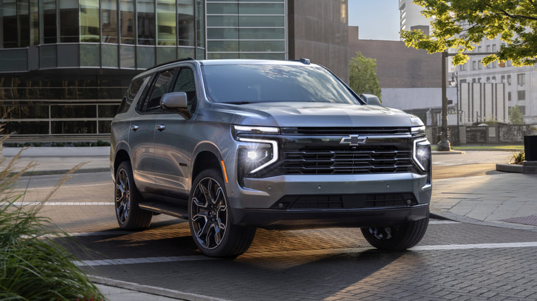 Chevrolet Tahoe in the city, front 3/4 view, silver exterior
