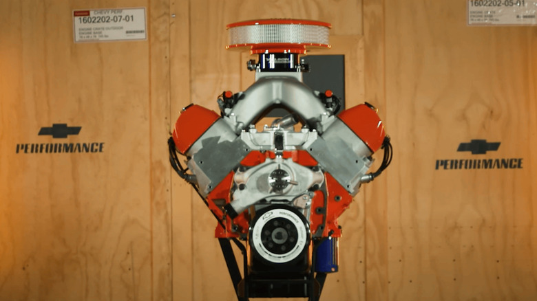 Front shot of a ZZ632 crate engine on a stand