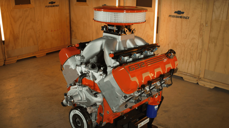 Side shot of a ZZ632 crate engine on a stand