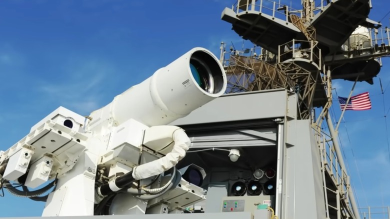 Close-up of U.S. HELIOS laser weapon on a ship.