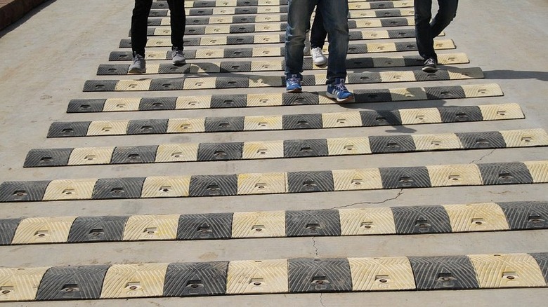 Speed bumps placed on a pathway in the ancient town of Taierzhuang along the Beijing-Hangzhou Grand Canal in 2017.