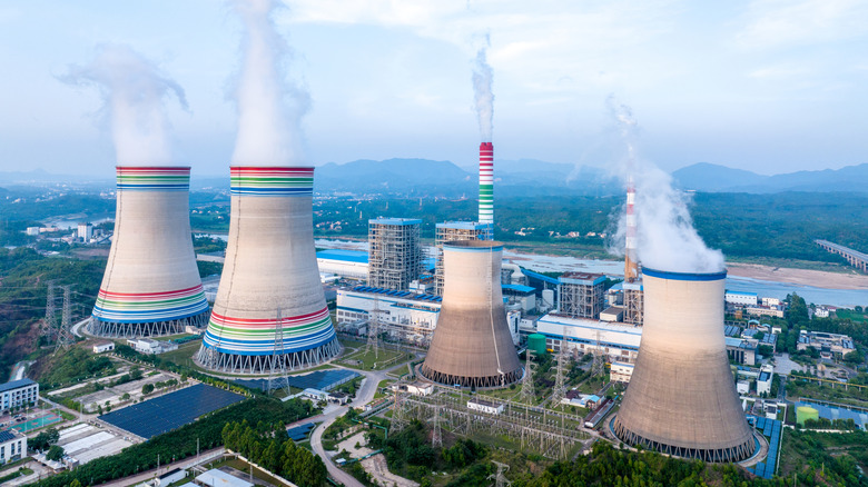 The cooling towers of a coal powered thermal power plant