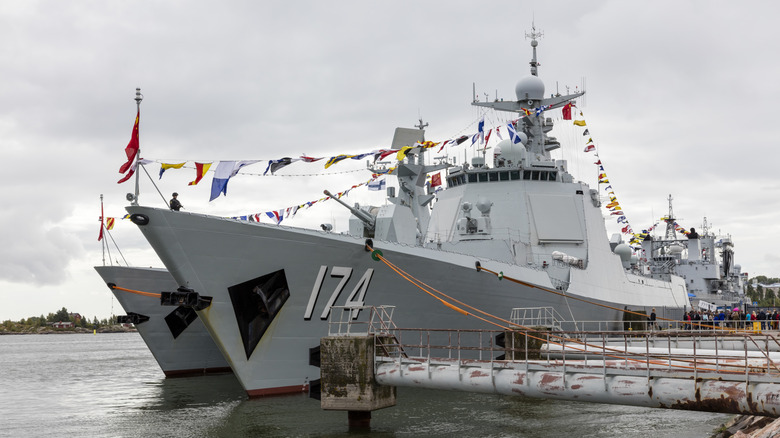 A Chinese Type 052D destroyer at a port in Helsinki, Finland