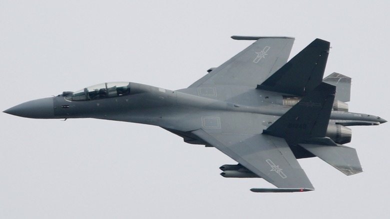 A Shenyang J-16 flying against gray skies