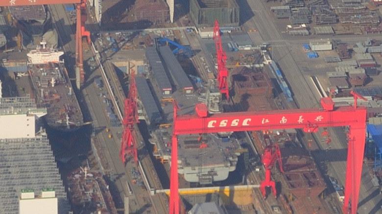 A Chinese naval vessel under construction at the Jiangnan Shipyard on Changxing Island