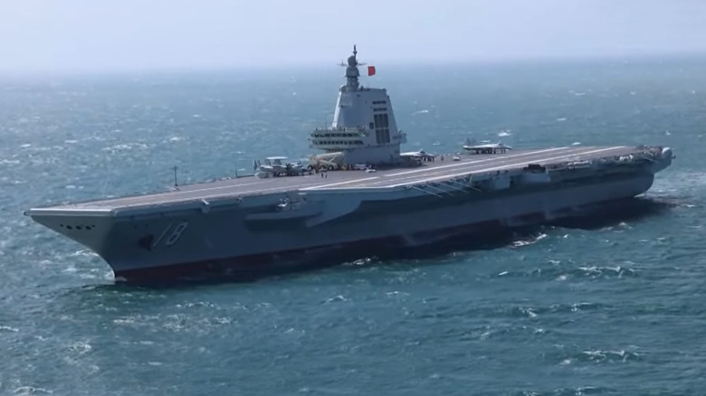 The Chinese aircraft carrier the Fujian undergoing sea trials