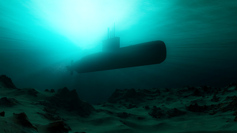 A 3D rendering of a submarine underwater