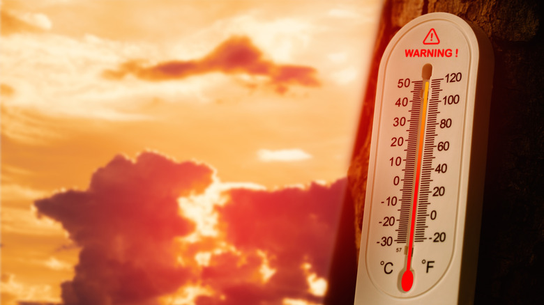 Thermometer showing extreme heat against an orange sky