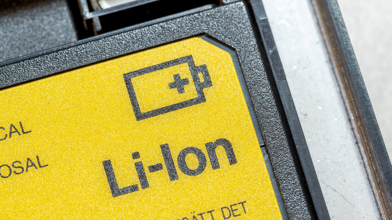 Close-up of text on lithium ion battery pack.