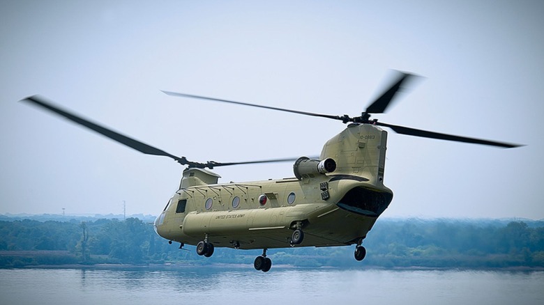 Chinook H-47 flying above water