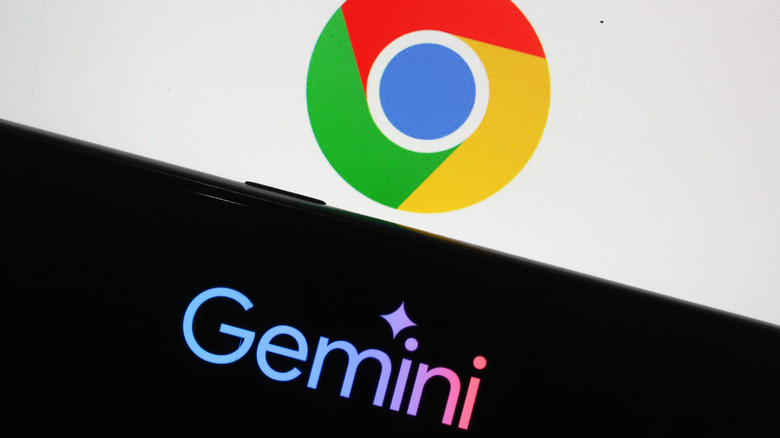 Google Gemini logo on a smartphone with the Google Chrome logo on a screen in the background
