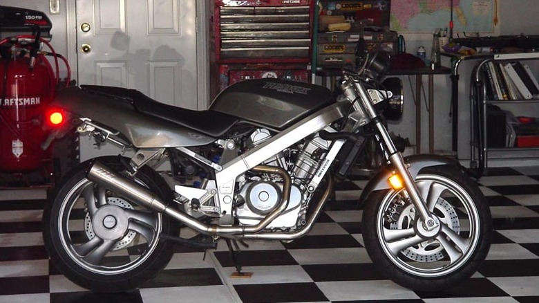 A Honda Hawk NT650 GT in the garage
