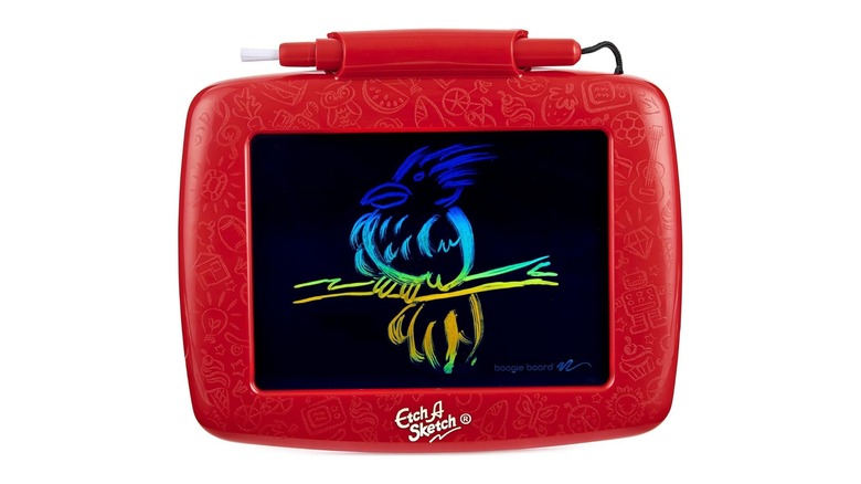 Red drawing board device featuring black background and image of a bird