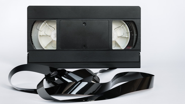 VHS tape with tape unraveled.
