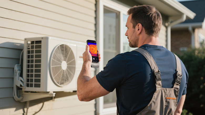 A worker using the TOPDON TC002C on an air conditioner.
