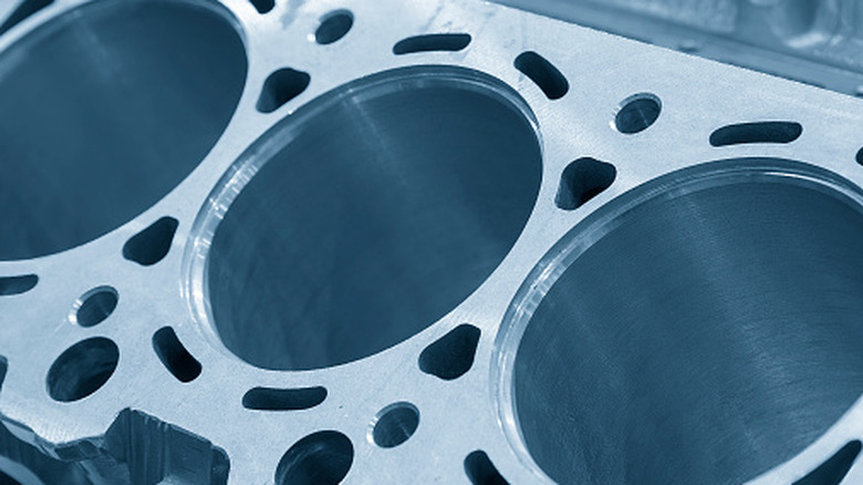 Close up of an exposed closed-deck engine block