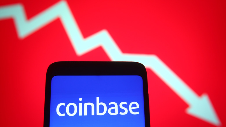 Coinbase logo and shrinking price graph