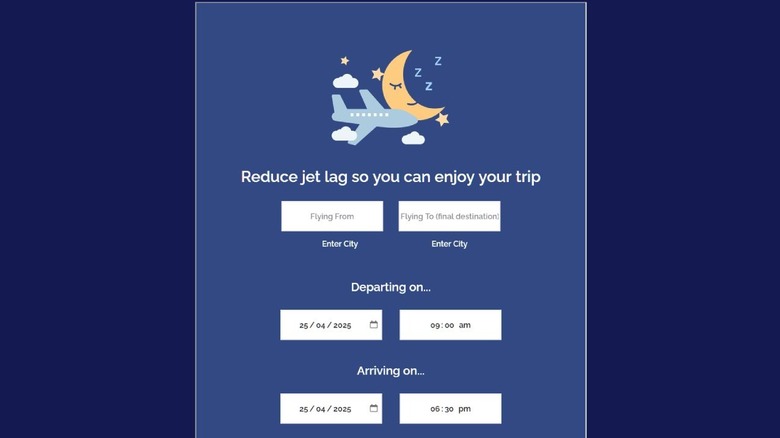 The website of Jet Lag Rooster, asking the user to enter the details of their trip.