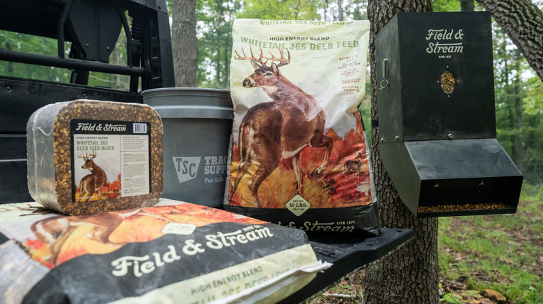 Deer feed bags displayed outdoors in woods
