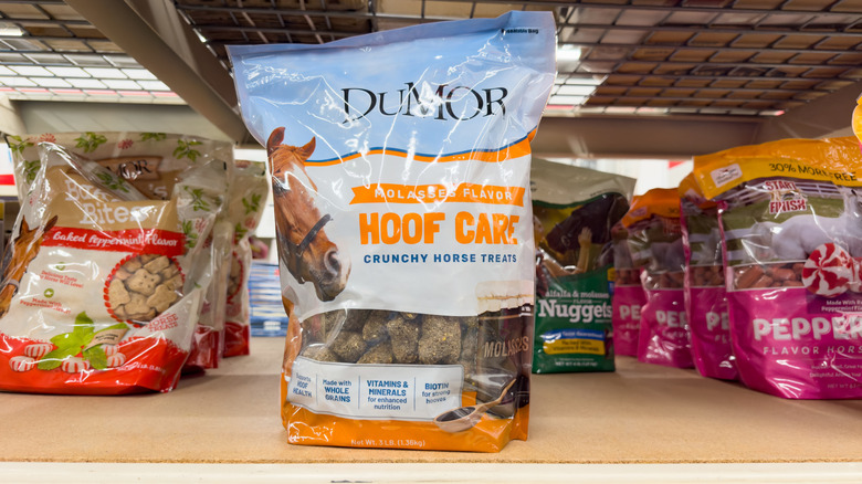 DuMor horse treats displayed on a store shelf