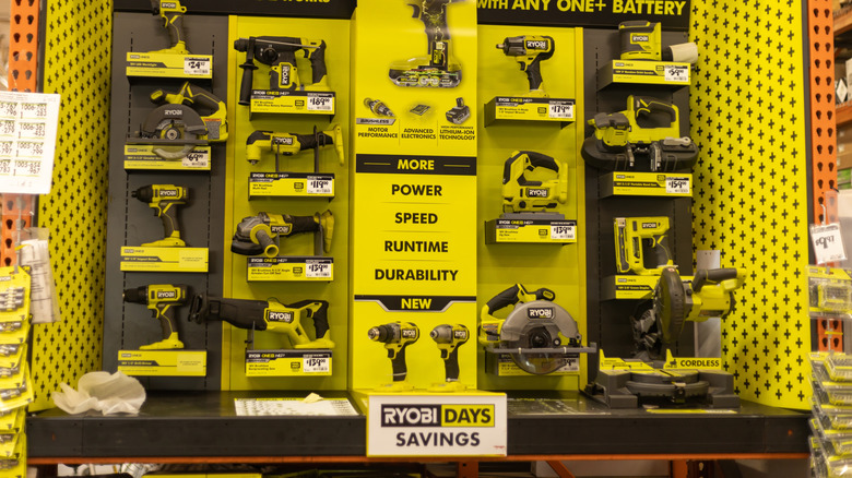 In-store display showing various Ryobi Tools on sale