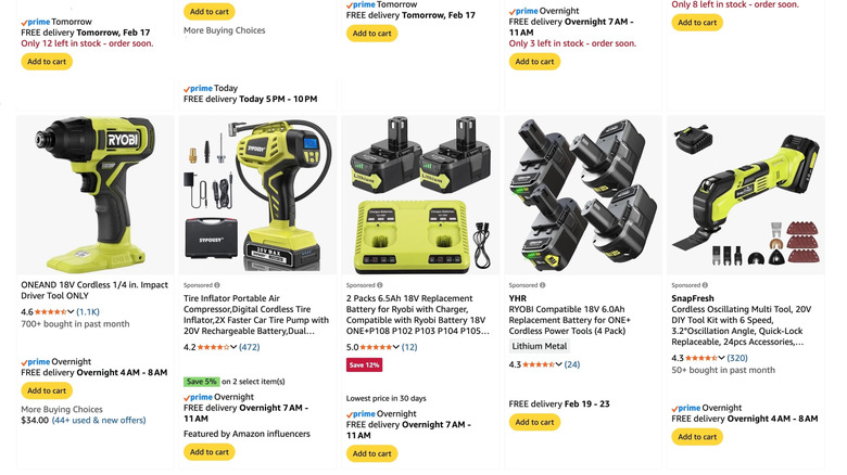 Screenshot of Amazon page showing Ryobi tool and various knockoff brands