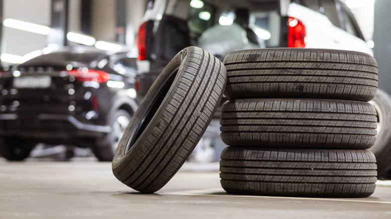 A set of tires stacked together