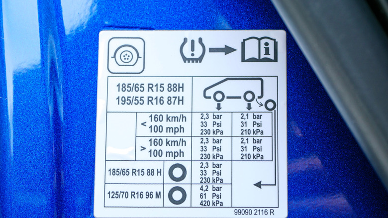A sticker on the side of a driver's door detailing tire information