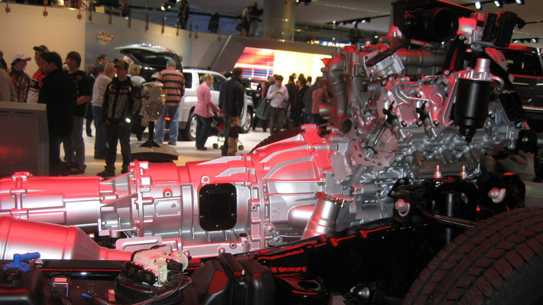 Allison 1000 transmission attached to a 6.6 Duramax Diesel engine museum display