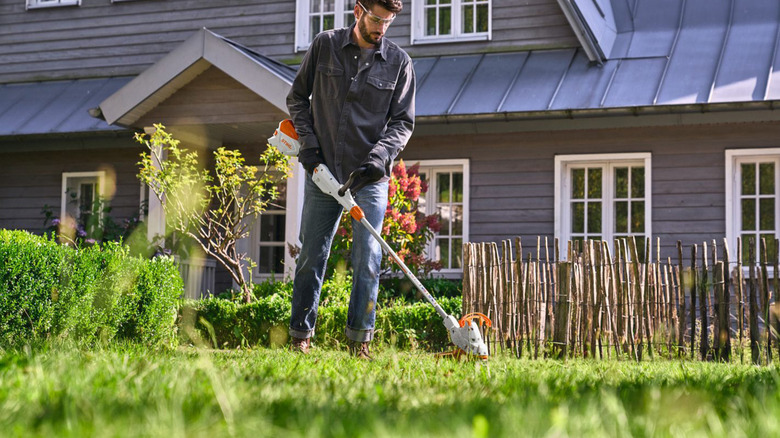 A man using a Stihl string trimmer on a lawn.