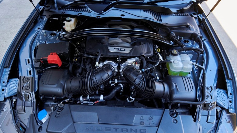 A Ford 5.0l Coyote V8 in a 2024 Mustang GT.