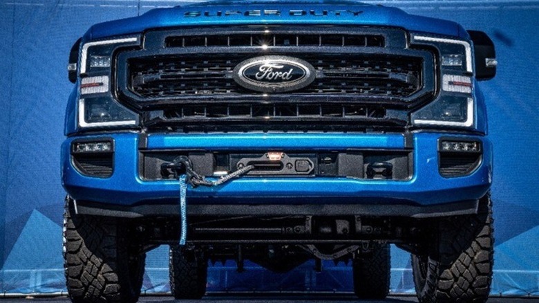 Underside of a blue Ford F-250 Super Duty