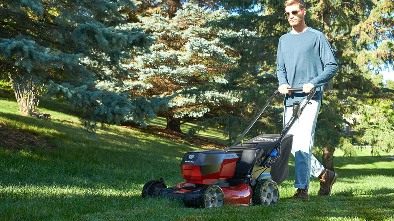 An owner using a 60V Max 21-inch Recycler Mower