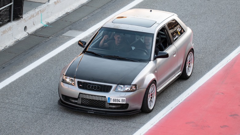 Modified 1.8T-powered Audi S3 8L, silver exterior, front 3/4 view, high angle