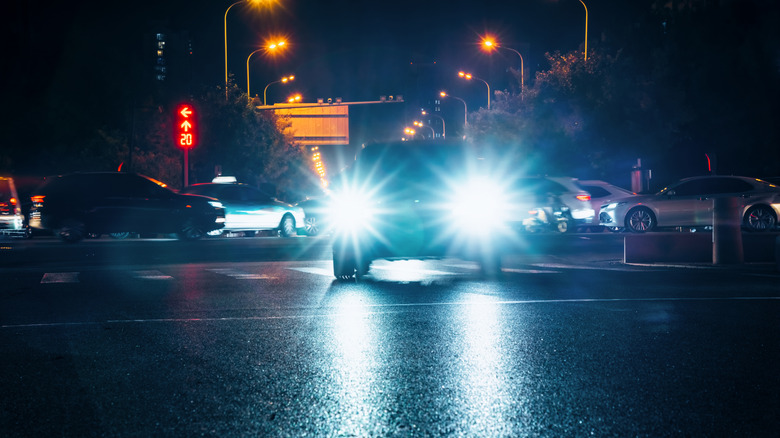 Headlights shining at night