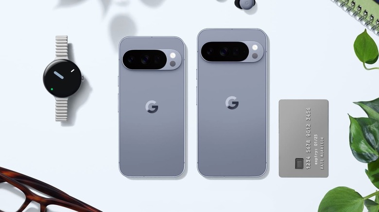 A Google Pixel 10 next to a 10 Pro XL, a smart watch, and a credit card
