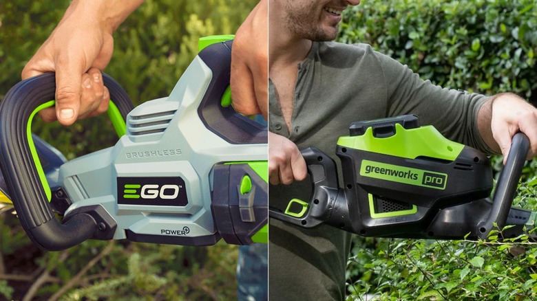Side-by-side of Ego and Greenworks hedge trimmers in use