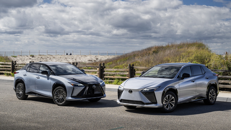 Two Lexus RZ SUVs parked at the beach