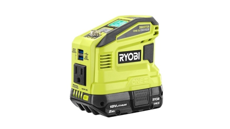 Green and black Ryobi brand power bank on white background