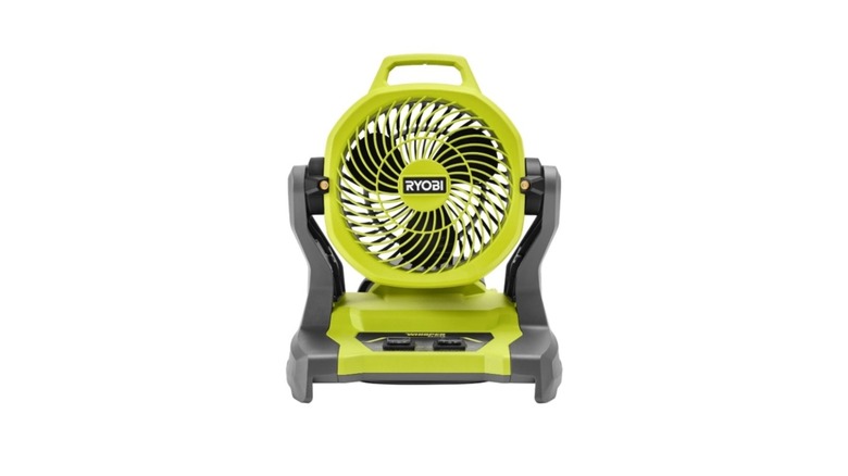 Green and black Ryobi brand fan on white background