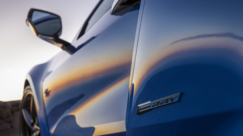 Rear 3/4 view of Corvette E-Ray showing E-Ray badge