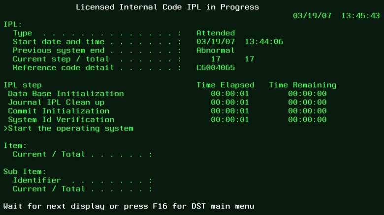 A screen from a System i IPL. i5/OS OS/400