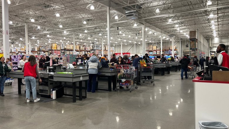 Costco checkout area with long lines