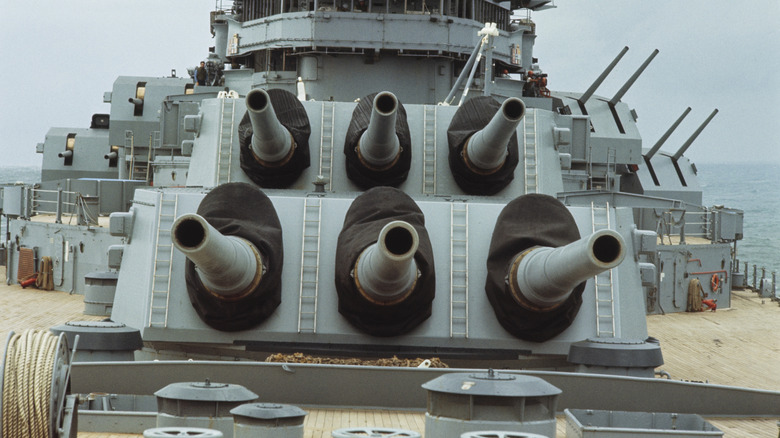 Front view of a battleship's guns.