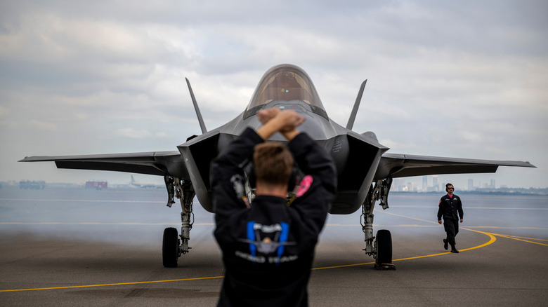 An USAF F-35 Lightning parked at an airforce base