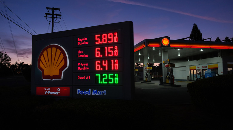 Gas prices sign at a Shell station